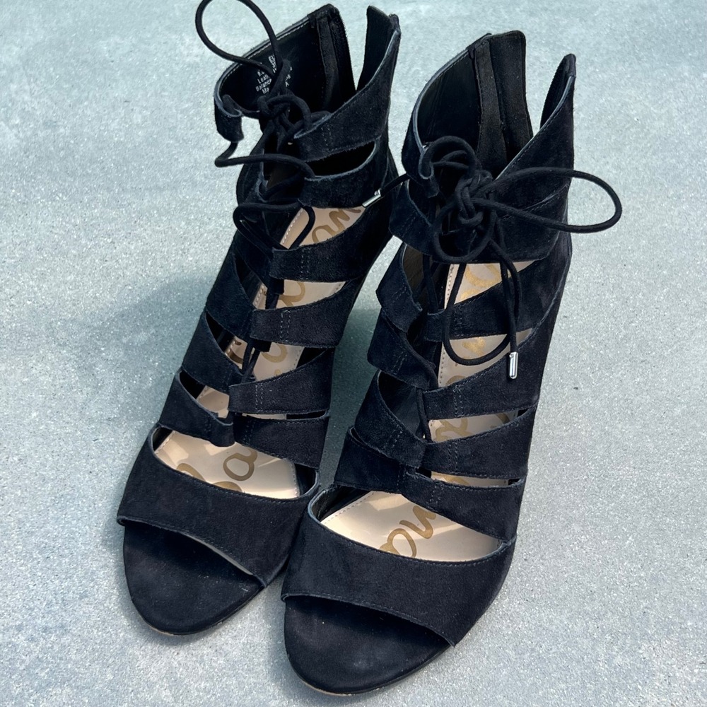 Sam Edelman Santina Black Suede Lace Up Caged Wedge Sandals 9.5M